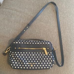 Blue and white polka dotted crossbody purse